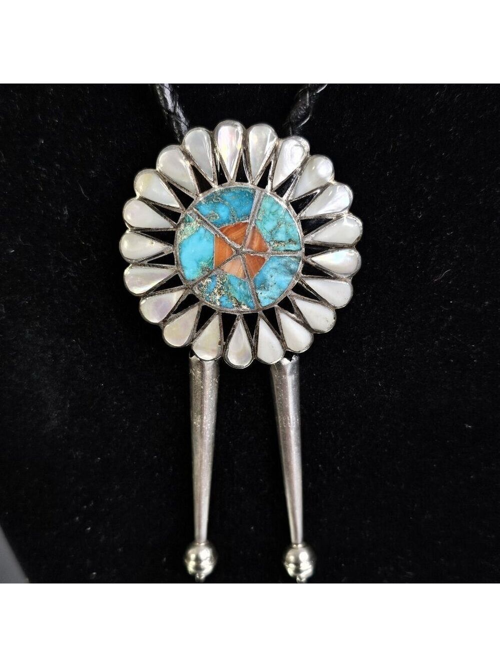 Zuni Sunface Inlay Turquoise Mother of PearlBolo Tie With Sterling Silver Tips